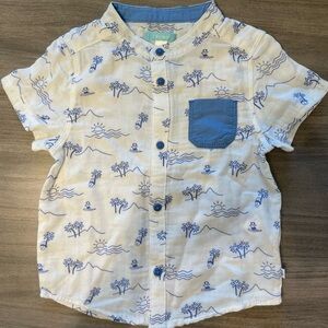 Obaïbi Baby Boy Shirt 23M NWT Blue Beach Print Cotton Button Up